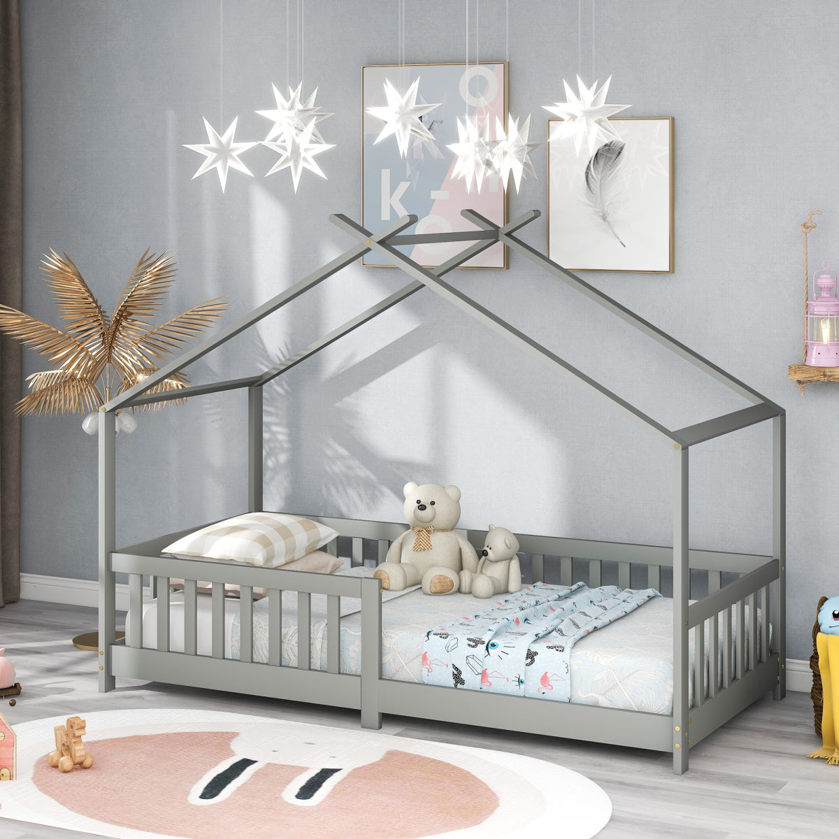 Hausbett 90x200 Grau, Kinderbett mit Rausfallschutz & Lattenrost, Abenteuerbett Kiefer Massivholz