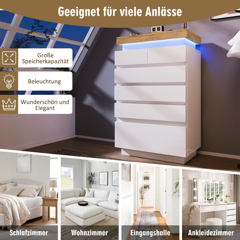 Kommode, Hochglanz Sideboard mit 6 Schubladen, LED Beleuchtung (App Control), Mehrzweckschrank für Wohnzimmer und Schlafzimmer, 115 x 73 x 39 cm, Weiß