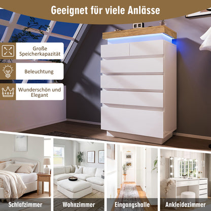 Kommode, Hochglanz Sideboard mit 6 Schubladen, LED Beleuchtung (App Control), Mehrzweckschrank für Wohnzimmer und Schlafzimmer, 115 x 73 x 39 cm, Weiß