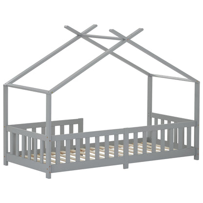 Hausbett 90x200 Grau, Kinderbett mit Rausfallschutz & Lattenrost, Abenteuerbett Kiefer Massivholz