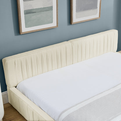Doppelbett 160*200cm, mit Samtweichem Chenille-Bezug, Aus Ökologischem Eukalyptusholz und Stabiler Eisenrahmen, Beige (ohne Matratze)