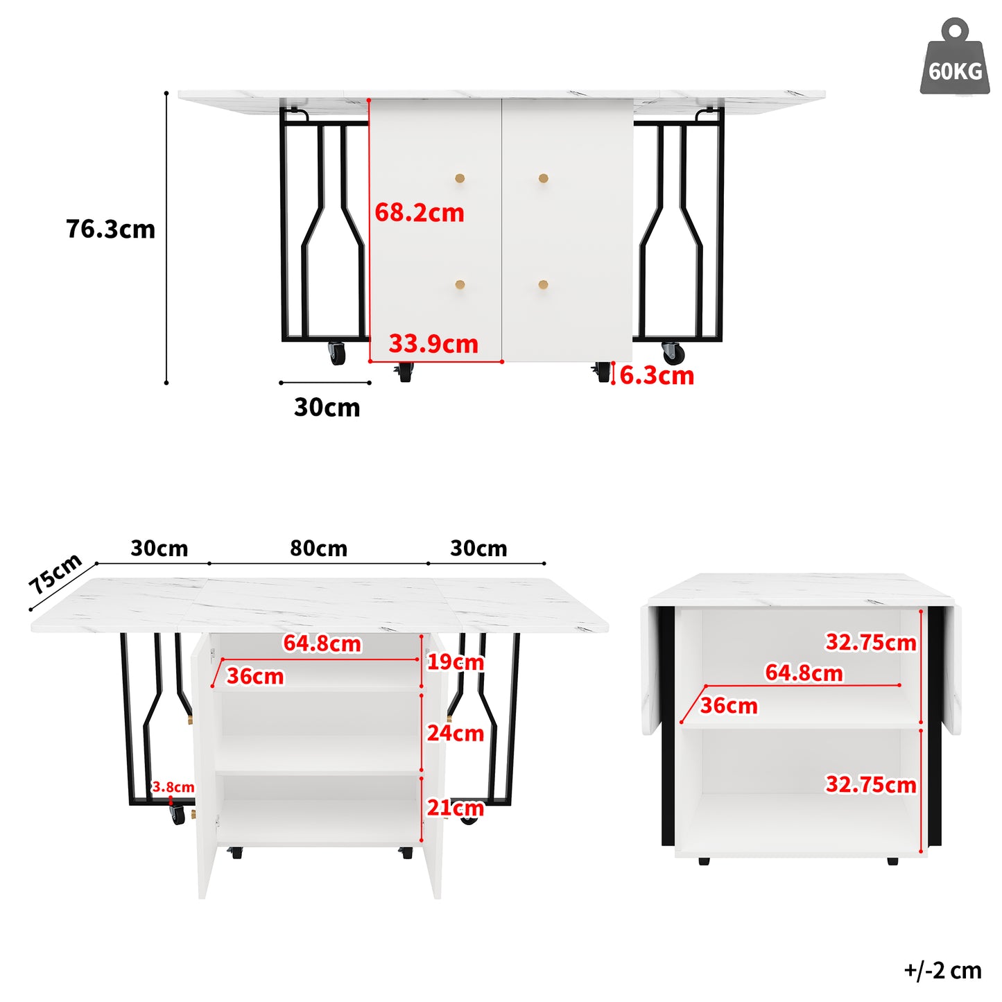 Tragbarer Esstisch, klappbare Tischplatte, marmorierte Tischplatte, geeignet für Esszimmer, Wohnzimmer, verstellbare Trennwände, großes Staufach, 6 Rollen (2 feststellbar), schwarze Tischbeine