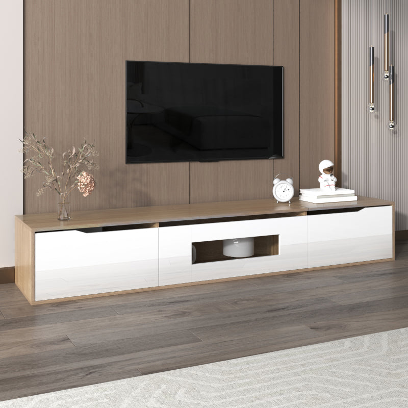 TV-Schrank, Hochglanz-TV-Schrank, farblich passend zu Hochglanz-Weiß und Holzfarbe, mit farbwechselndem LED-Licht.