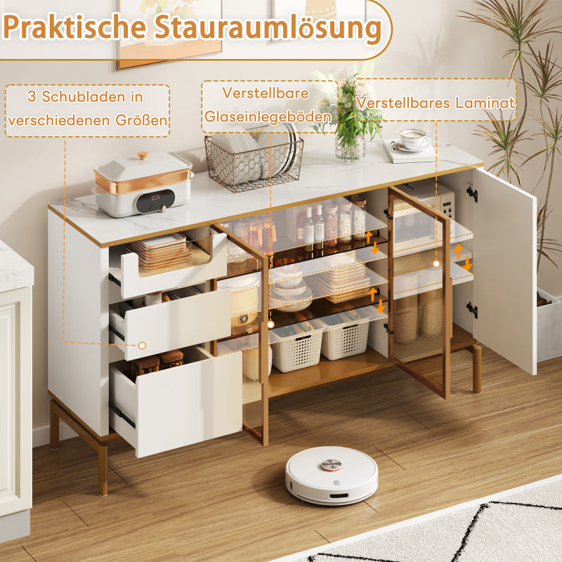 Elegantes Sideboard 150Lx40Bx80H cm, weiß, Arbeitsplatte aus Marmor, goldene Zierleiste - Moderner Stauraumschrank mit Glas- und Holzfächern