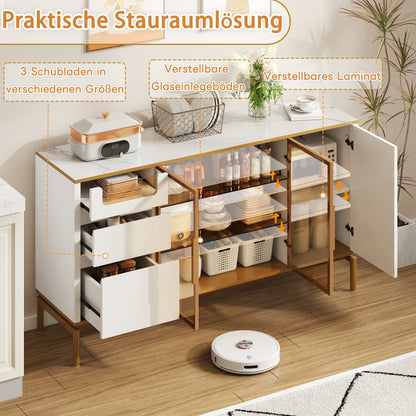 Elegantes Sideboard 150Lx40Bx80H cm, weiß, Arbeitsplatte aus Marmor, goldene Zierleiste - Moderner Stauraumschrank mit Glas- und Holzfächern