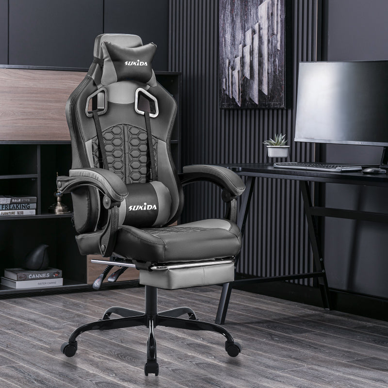 Gaming Stuhl, Ergonomischer Gaming-Stuhl mit Fußstütze, Racing Gaming Chair Kopfstütze Verstellbarer Computerstuhl Höhenverstellbar Lendenwirbelstütze für Homeoffice und Gaming Gray