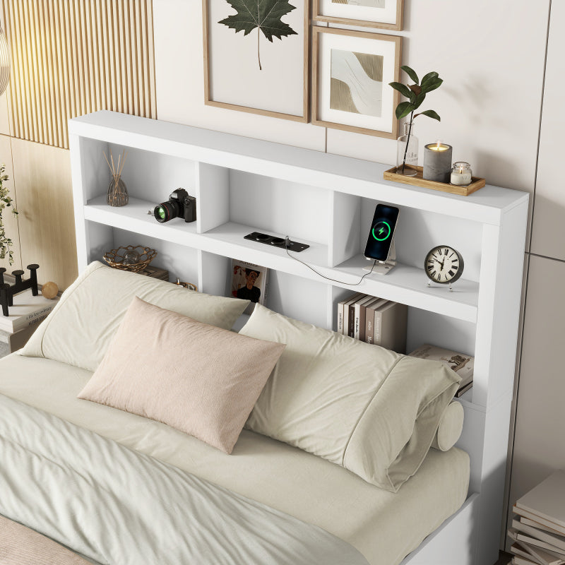 160*200cm Doppelbett, Kingsize-Plattformbett mit zwei Schubladen am Fußende des Bettes, Kopfteil mit Stauraum, Weiß