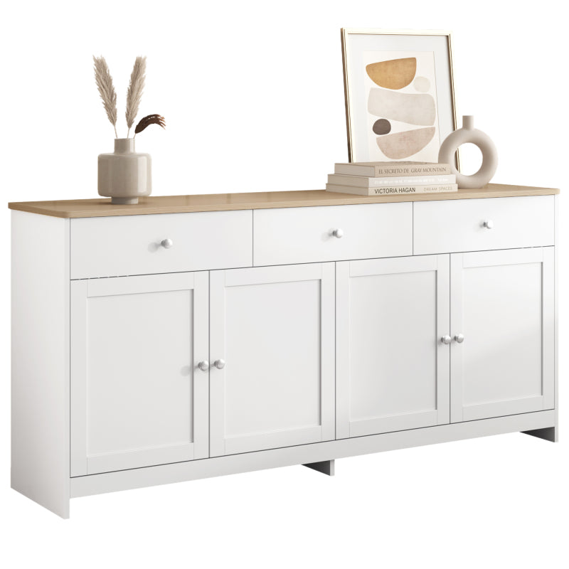 Sideboard mit weißer Holzmaserung, vier Türen, mit drei Schubladen, Wohnzimmer, Esszimmer. Holzfarbe und Weiß