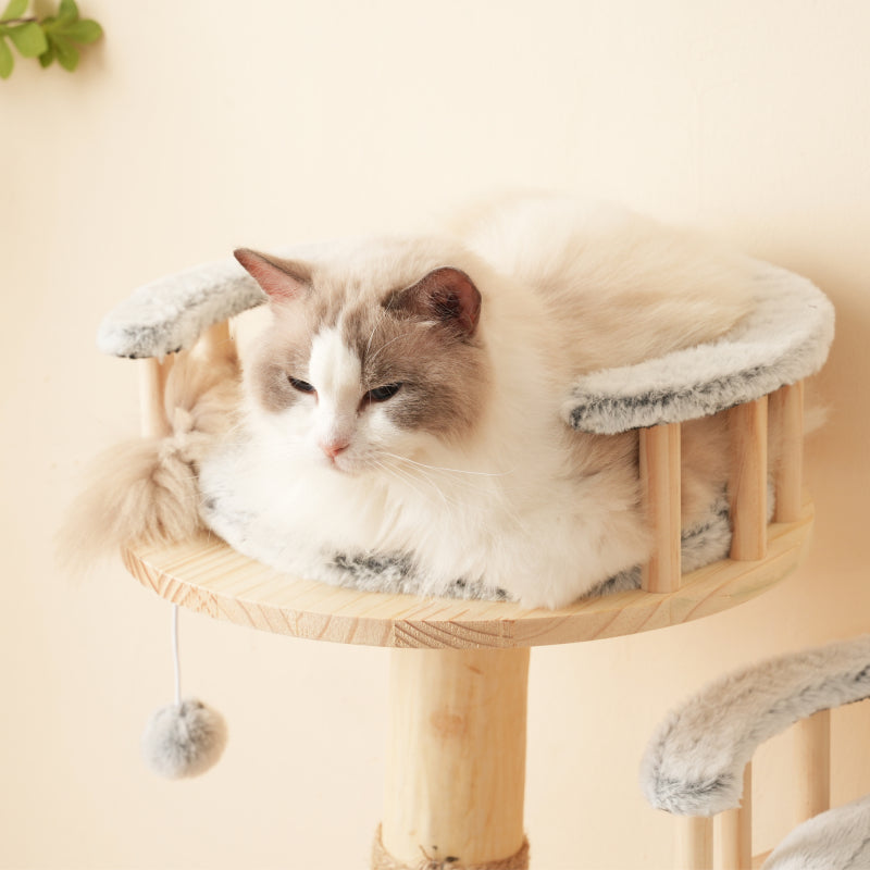 Designer Katzenklettergerüst aus Massivholz - 98 cm hoch, 3-stufiges Sprungbrett, abnehmbare Kissen und Spielbälle, Wolkenoptik-Imitation