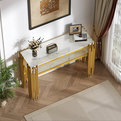 Mid-Century Modern Wohnzimmer Beistelltisch, Konsolentisch, weißer Korpus mit goldenen Beinen, doppellagiges MDF, belastbar bis 40 kg