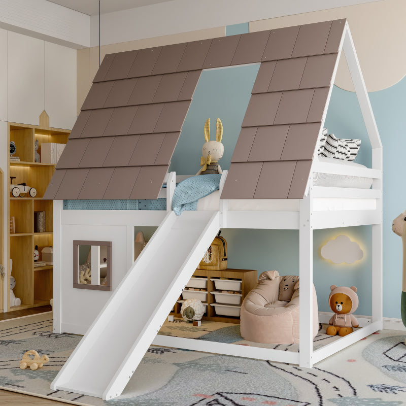 140 x 200 Holzhaus-Etagenbett mit Dach, Leiter und Rutsche, Weiß+Braun