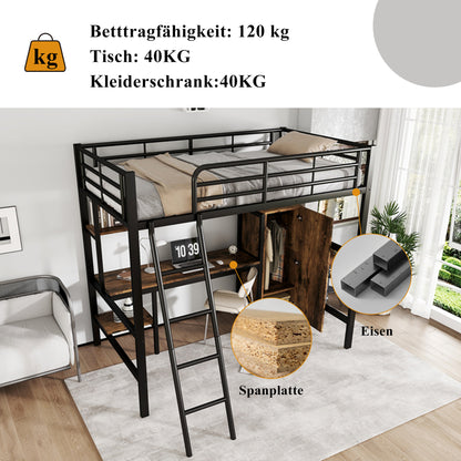 Eisenbett, Etagenbett,  Geeignet für Kinder und Heranwachsende, Mit Tisch und Kleiderschrank, Reichlich Ablagefächer, Mit 4-stufiger Leiter, Eisen+Spanplatte, Schwarz