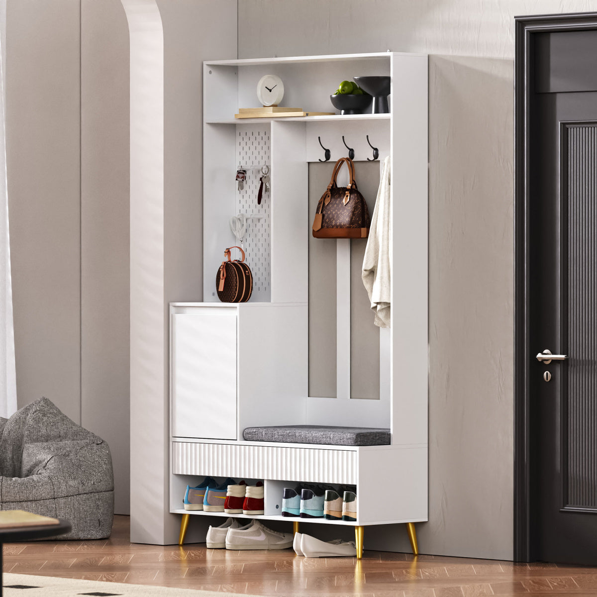 Garderoben-Set mit Schuhbank, Wandgarderobe mit 4 Haken, 2 Schubladen & Schranktür, MDF, Weiß, 100×35×180 cm