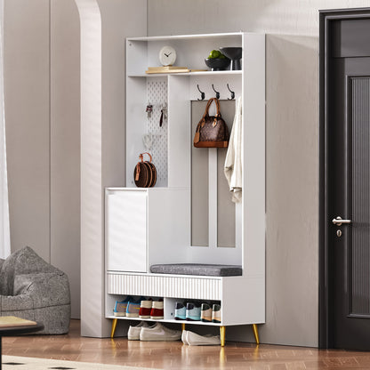 Garderoben-Set mit Schuhbank, Wandgarderobe mit 4 Haken, 2 Schubladen & Schranktür, MDF, Weiß, 100×35×180 cm