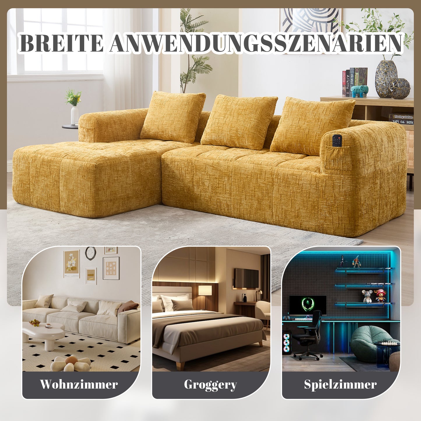 Modernes Sektionssofa, L-Sofa, 3-Sitzer-Sofa, keine Installation erforderlich, Chenille-Sofa mit Chaiselongue und Armlehnen, 3 Kissen, Seitentasche für Fernbedienung, Gelb