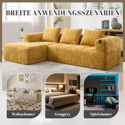Modernes Sektionssofa, L-Sofa, 3-Sitzer-Sofa, keine Installation erforderlich, Chenille-Sofa mit Chaiselongue und Armlehnen, 3 Kissen, Seitentasche für Fernbedienung, Gelb