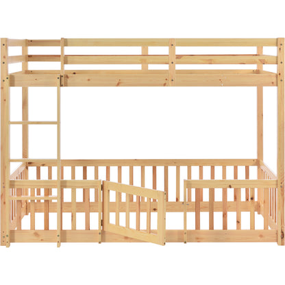 Etagenbett mit rechtwinkliger Treppe, Bett mit Zäune und Türchen, Kinderbett mit Fallschutz und Gitter, Massivholz, natur (200x90cm)