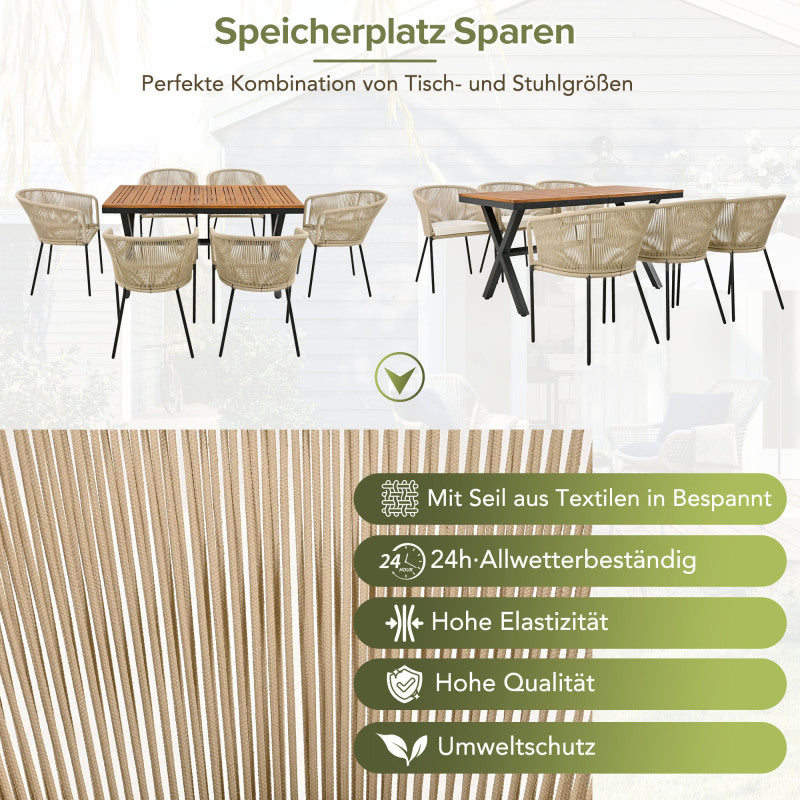 Garten-Essgruppe, 7-tlg, Garten-Lounge-Set aus Seil, 6 Sessel und 1 Tisch, Tisch aus Akazienholz, Mit Fußpolstern und sechs Sitzkissen, abnehmbar und waschbar