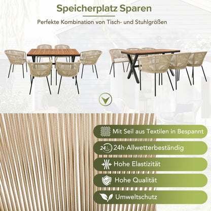 Garten-Essgruppe, 7-tlg, Garten-Lounge-Set aus Seil, 6 Sessel und 1 Tisch, Tisch aus Akazienholz, Mit Fußpolstern und sechs Sitzkissen, abnehmbar und waschbar