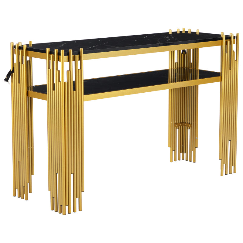 Mid-Century Modern Wohnzimmer Beistelltisch, Konsolentisch, Schwarzer Korpus mit goldenen Beinen, Doppelschicht MDF, Belastbarkeit bis 40 kg