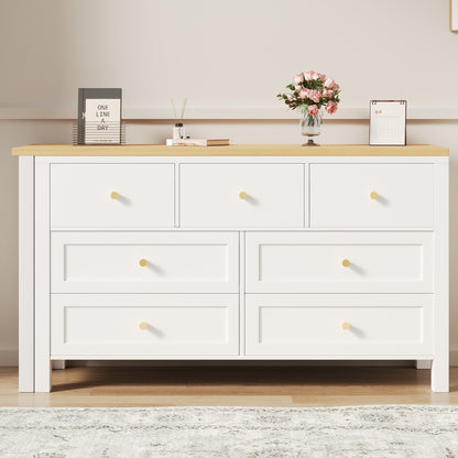 Schreibtisch mit 7-Schubladen Kommode -2-in-1 Dreh Werkbank und Sideboard, Eichenoptik, 360° drehbare Tischplatte, weiß / natur