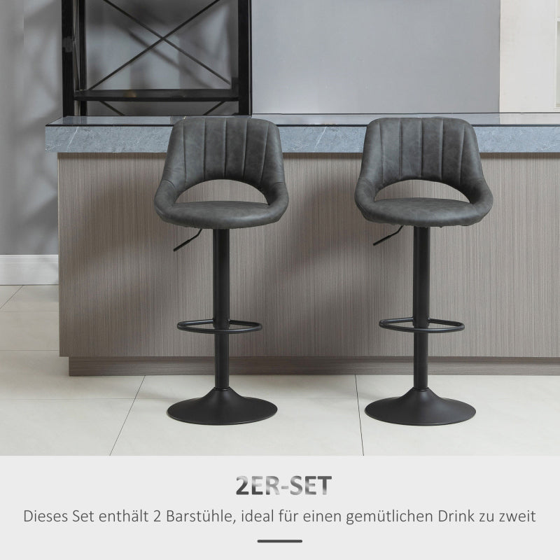 Barhocker-Set 2 drehbare Küchenhocker höhenverstellbar mit Fußstütze in Lederoptik und Metallrahmen, Grau
