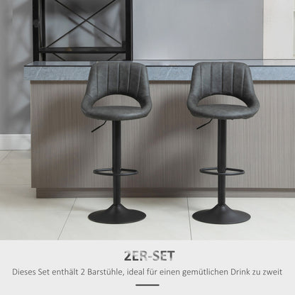 Barhocker-Set 2 drehbare Küchenhocker höhenverstellbar mit Fußstütze in Lederoptik und Metallrahmen, Grau