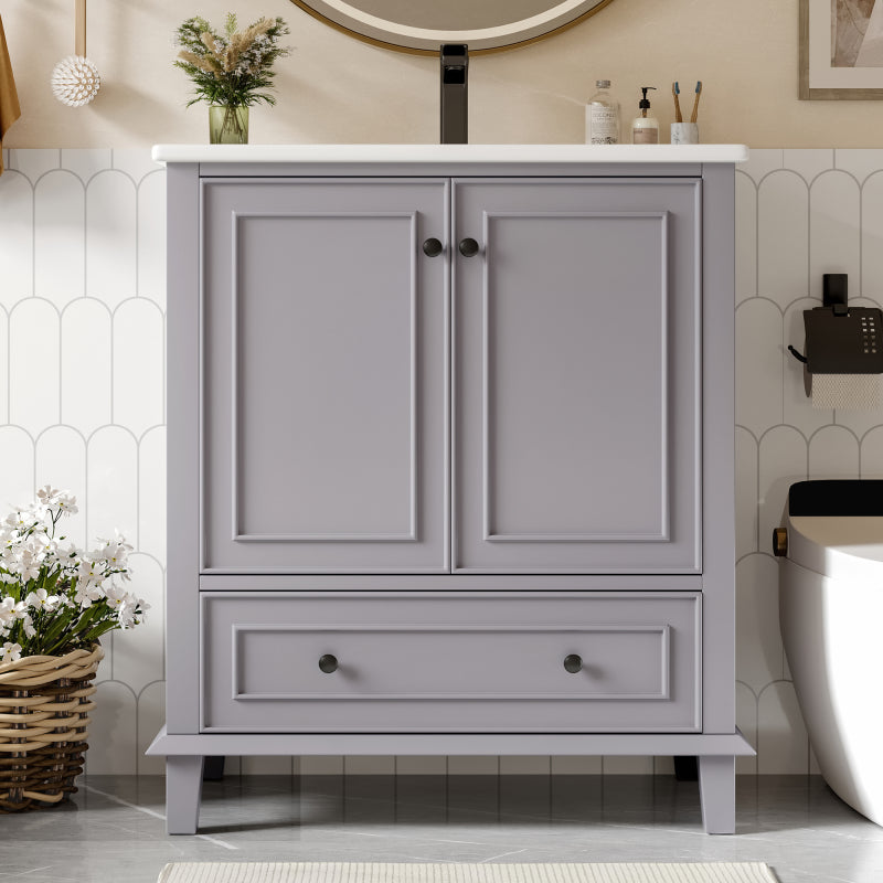 76x46x87cm Bodenstehender Badezimmerschrank mit Waschbeck, Waschtisch,Beine aus Massivholz, MDF-Material, feuchtigkeits- und wasserdicht, großer Stauraum, integriertes Keramikwaschbecken, Grau