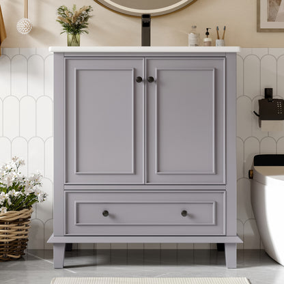 76x46x87cm Bodenstehender Badezimmerschrank mit Waschbeck, Waschtisch,Beine aus Massivholz, MDF-Material, feuchtigkeits- und wasserdicht, großer Stauraum, integriertes Keramikwaschbecken, Grau
