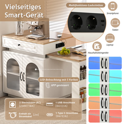 Kücheninsel mit Rollen, ausziehbarer Esstisch 128–200 cm mit LED & Steckdosen, Bartisch/Sideboard