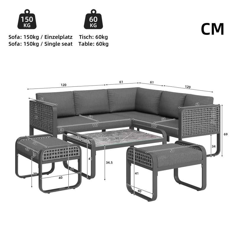 Garten-Lounge-Set, Rattan-Möbel-Set für 6-7 Personen, Ecksofa mit verzinktem Eisengestell, verstellbare Beine, inklusive aller Sitz- und Rückenkissen, grau