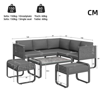 Garten-Lounge-Set, Rattan-Möbel-Set für 6-7 Personen, Ecksofa mit verzinktem Eisengestell, verstellbare Beine, inklusive aller Sitz- und Rückenkissen, grau