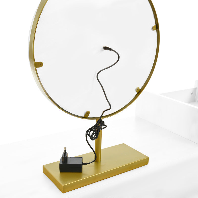 Kosmetiktisch-Set mit LED-Spiegel und 3-Farben-Beleuchtung, Schminktisch aus Holz mit 3 Schubladen und Seitenschrank, ausziehbares Design - Maße: B120/H90/T40 cm (ohne Hocker)