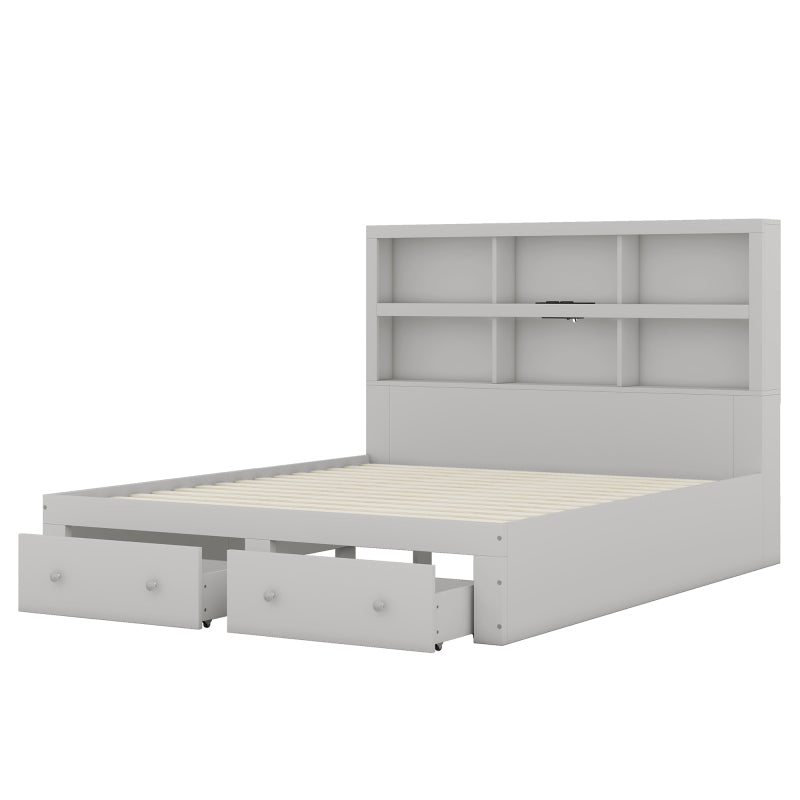 160*200cm Doppelbett, Kingsize-Plattformbett mit zwei Schubladen am Fußende des Bettes, Kopfteil mit Stauraum, Grau
