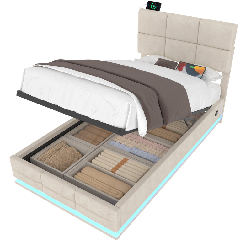 90x200 cm Modernes Velours-Polsterbett mit höhenverstellbarem Kopfteil - Inkl. USB/Type-C-Anschlüssen, LED-Ambientebeleuchtung, hydraulischem Lift-System & XXL-Stauraum (ohne Matratze) - Beige