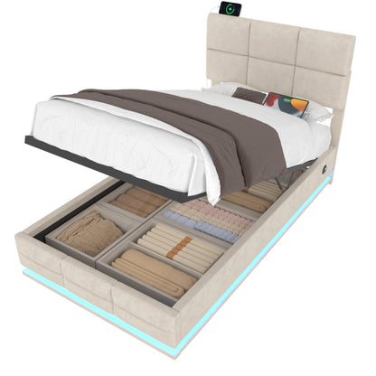 90x200 cm Modernes Velours-Polsterbett mit höhenverstellbarem Kopfteil - Inkl. USB/Type-C-Anschlüssen, LED-Ambientebeleuchtung, hydraulischem Lift-System & XXL-Stauraum (ohne Matratze) - Beige