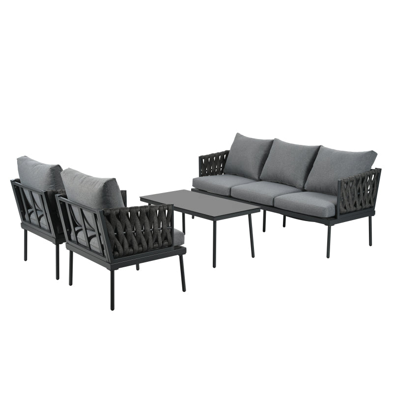 Garten Loungesessel Set, Gartenmöbel Set mit bequemen Kissen, 3er Sofa, 2 Sessel und Couchtisch, Outdoor, Glastischplatte, geflochtene Seilarmlehnen, verzinkter Stahl, grau