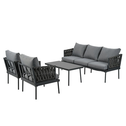 Garten Loungesessel Set, Gartenmöbel Set mit bequemen Kissen, 3er Sofa, 2 Sessel und Couchtisch, Outdoor, Glastischplatte, geflochtene Seilarmlehnen, verzinkter Stahl, grau