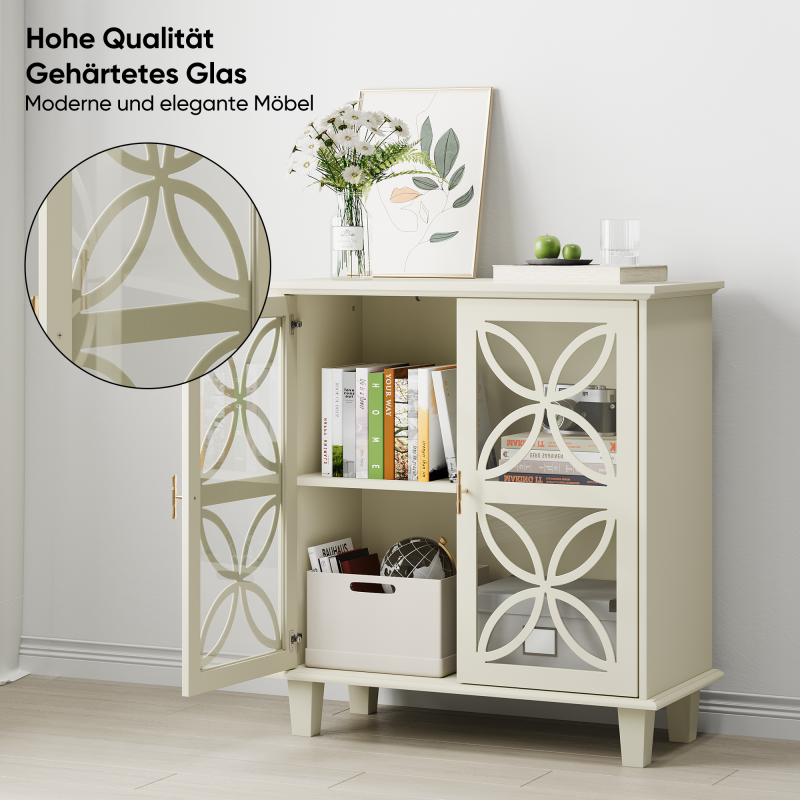 Sideboard mit Glastüren und verstellbaren Böden, freistehender Aufbewahrungsschrank im Retro-Stil, 2-türig, für Bad & Küche, Creme