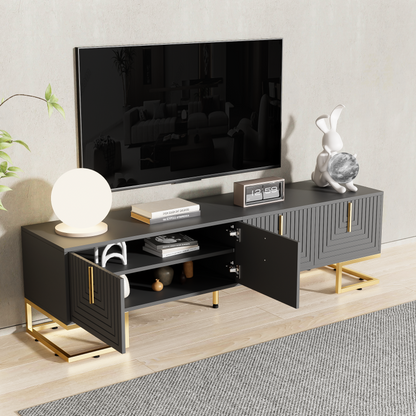 TV-Schrank,lowboard mit strukturierter Tür, TV-Möbel, goldenen Griffen und goldenen Füßen.