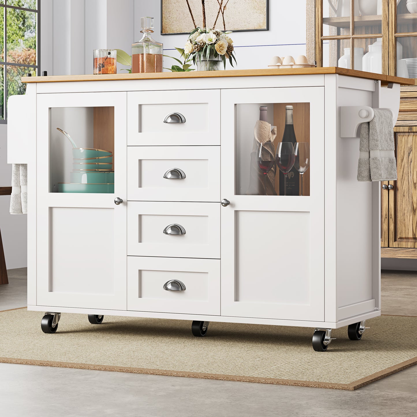 Kücheninsel,Küchenschrank,Buffetschrank,120x73(45)x93cm,ausziehbarer Küchenwagen mit Rollen, Handtuchhalter, Gewürzregal, verstellbaren Einlegeböden, zwei Türen, vier Schubladen, weiß