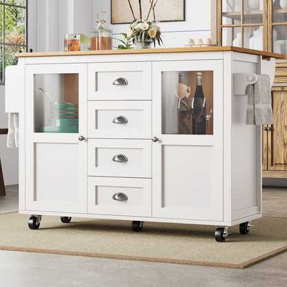 Kücheninsel,Küchenschrank,Buffetschrank,120x73(45)x93cm,ausziehbarer Küchenwagen mit Rollen, Handtuchhalter, Gewürzregal, verstellbaren Einlegeböden, zwei Türen, vier Schubladen, weiß