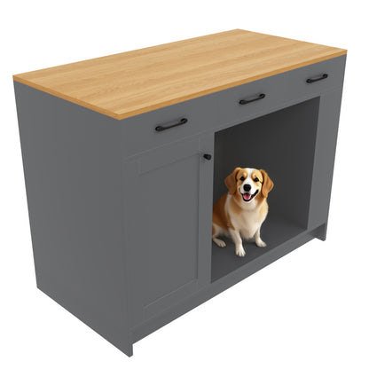 Kücheninsel, verstellbare Glasplatte, Doppelablage (ohne Hundefutter Teller), geräumiger Haustier Aufbewahrung Bereich (ohne Hundekissen), grau