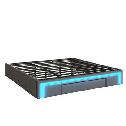 Bettgestell 180X200 mit Schubladen, PU-Leder Bett ohne Kopfteil Mit LED-Lichtleiste, MetalllattenPlattformbett für moderne Schlafzimmer Grau