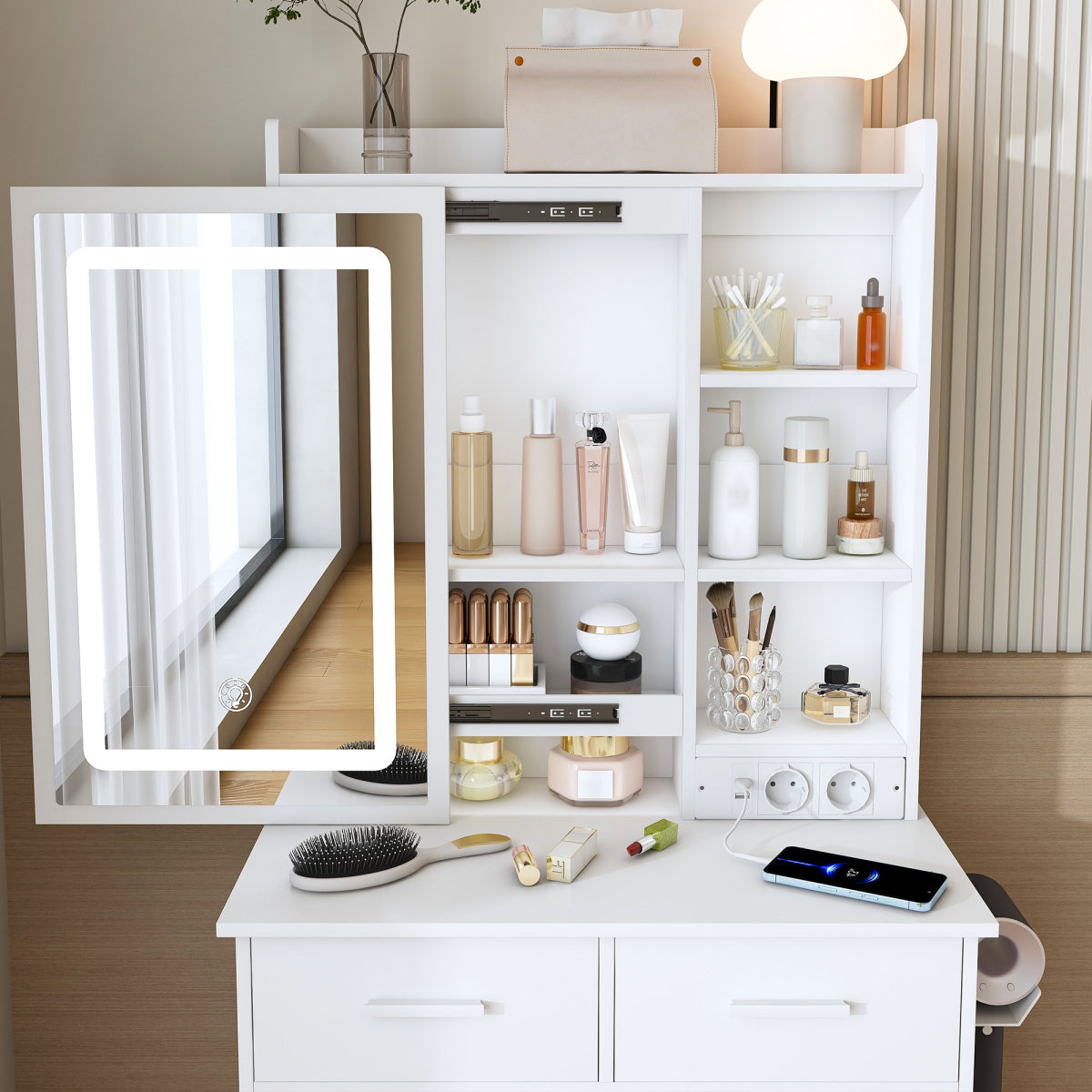 Kleiner Schminktisch LED, USB/Steckdose, 3 Lichtfarben, Hocker, Platzsparend