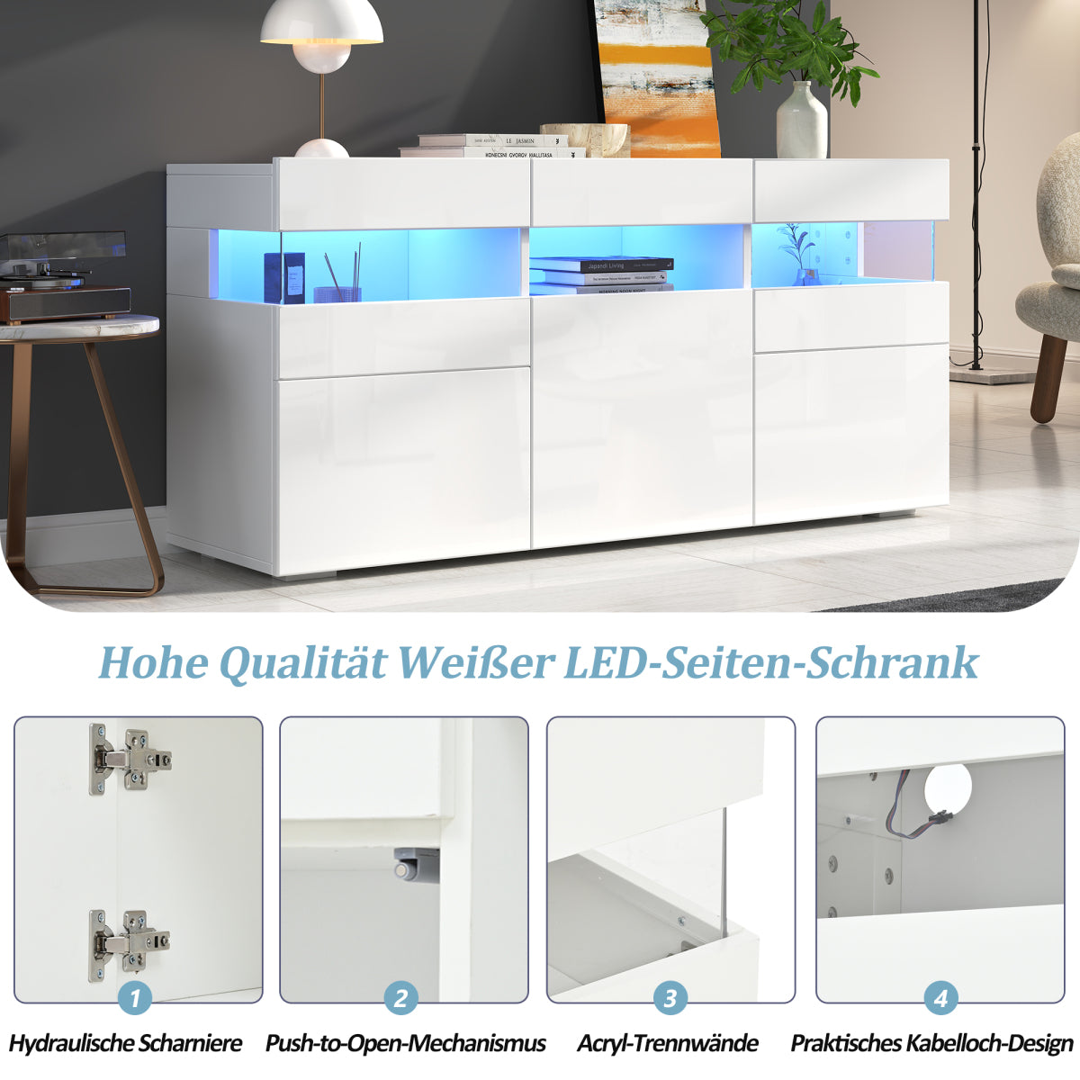 Sideboard 140 cm, Hochglanz Weiß, LED-Beleuchtung (App-Steuerung), 3 Türen