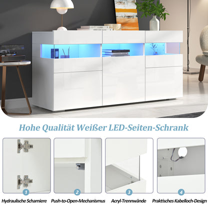 Sideboard 140 cm, Hochglanz Weiß, LED-Beleuchtung (App-Steuerung), 3 Türen