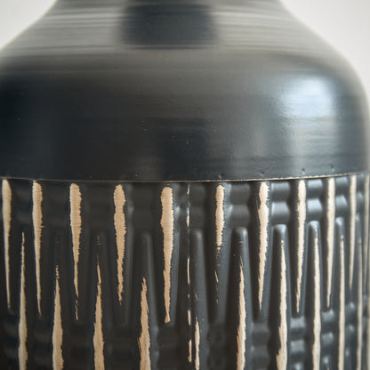 3er Set Bodenvase Metall, Schwarz, Rillen-Design, Hohe Übertöpfe 83/66/50 cm