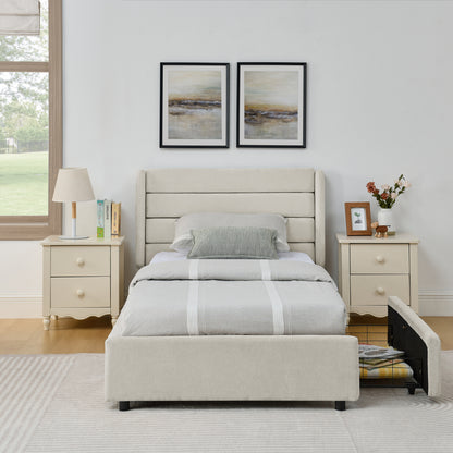 Einzelbett 90×200 cm mit Chenille-Oberfläche & 2 Schubladen, stabiles Bettgestell aus Holz/Metall, ideal für Kinder-, Jugend- & Gästezimmer, Beige (ohne Matratze)