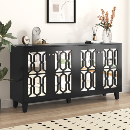 Schwarz verspiegelte Anrichte mit kühlen Kristallgriffen, Vier Türen, mit beweglichem Laminat.für Wohn- und Esszimmer, 160 x 40 x 84cm